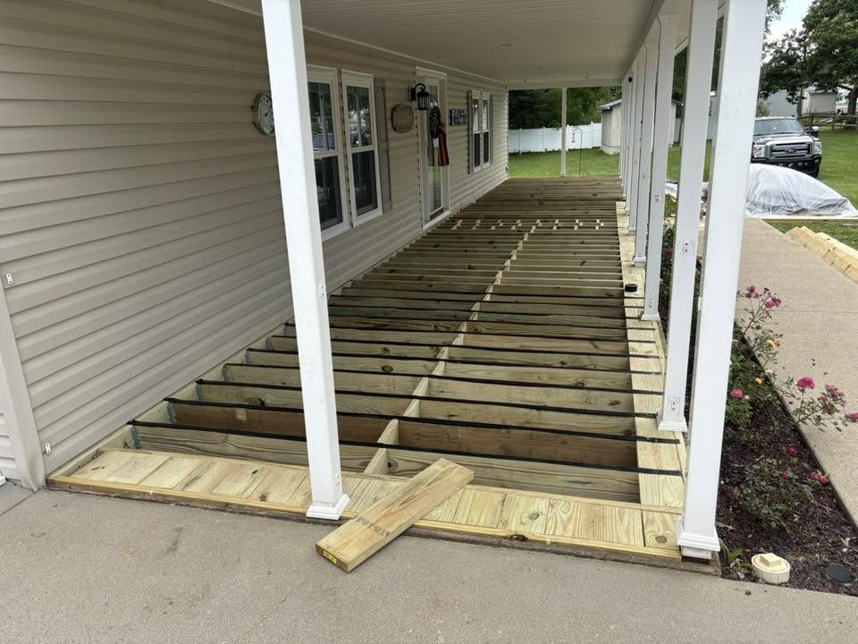 Deck framing and outdoor construction in progress in Harrison County, WV